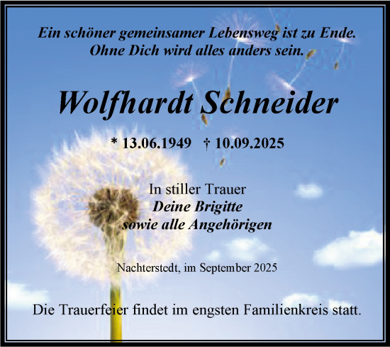 Traueranzeige von Wolfhardt Schneider von Trauerkombi Aschersleben