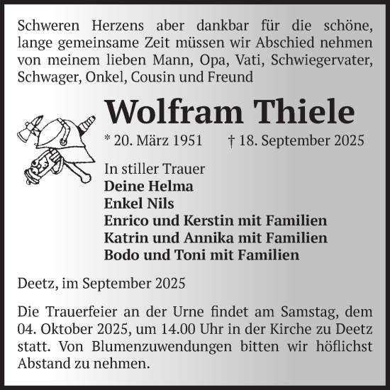 Traueranzeige von Wolfram Thiele von Volksstimme Zerbst