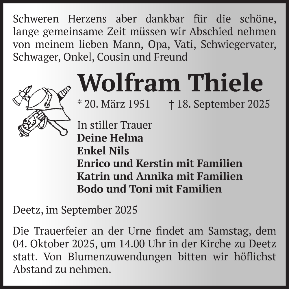  Traueranzeige für Wolfram Thiele vom 27.09.2025 aus Volksstimme Zerbst