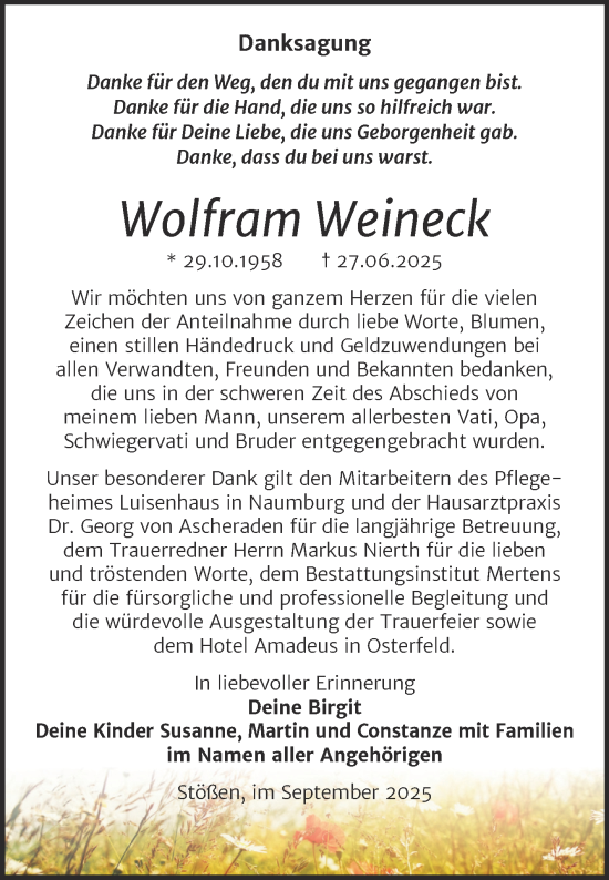 Traueranzeige von Wolfram Weineck von Super Sonntag Naumburg/Nebra