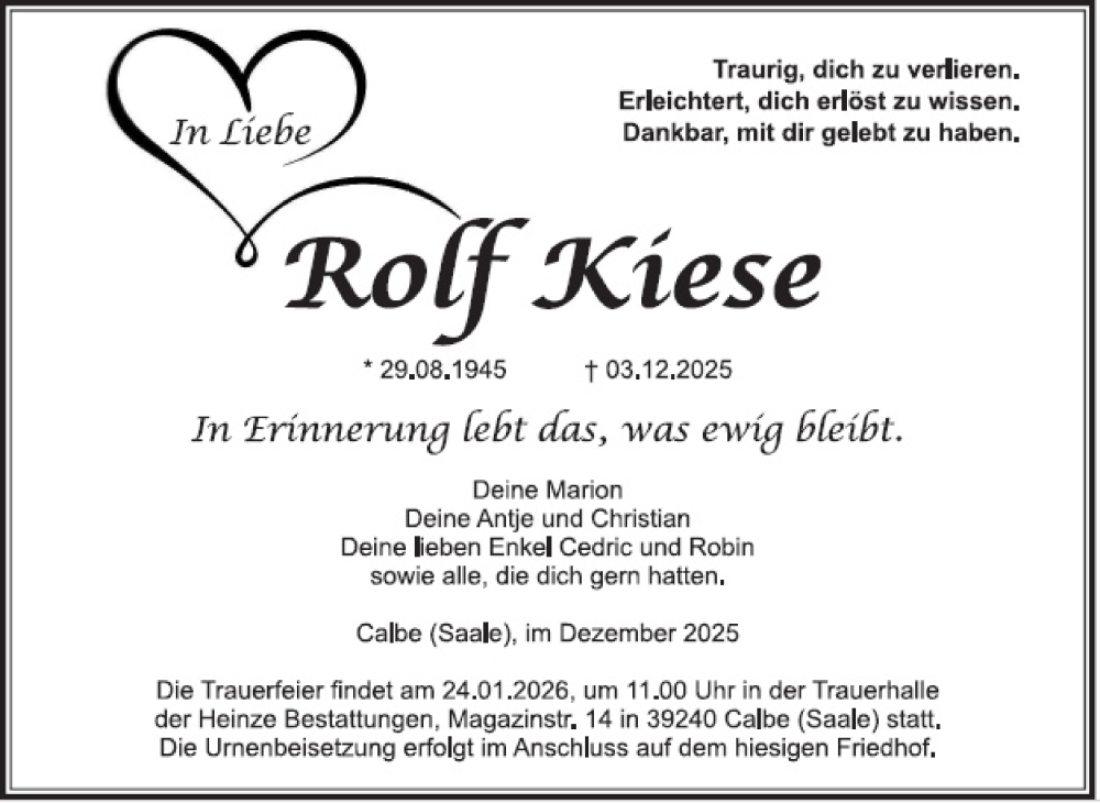  Traueranzeige für Rolf Kiese vom 20.12.2025 aus Volksstimme Schönebeck