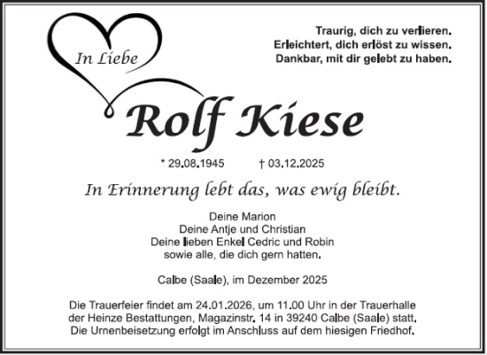 Traueranzeige von Rolf Kiese von Volksstimme Schönebeck