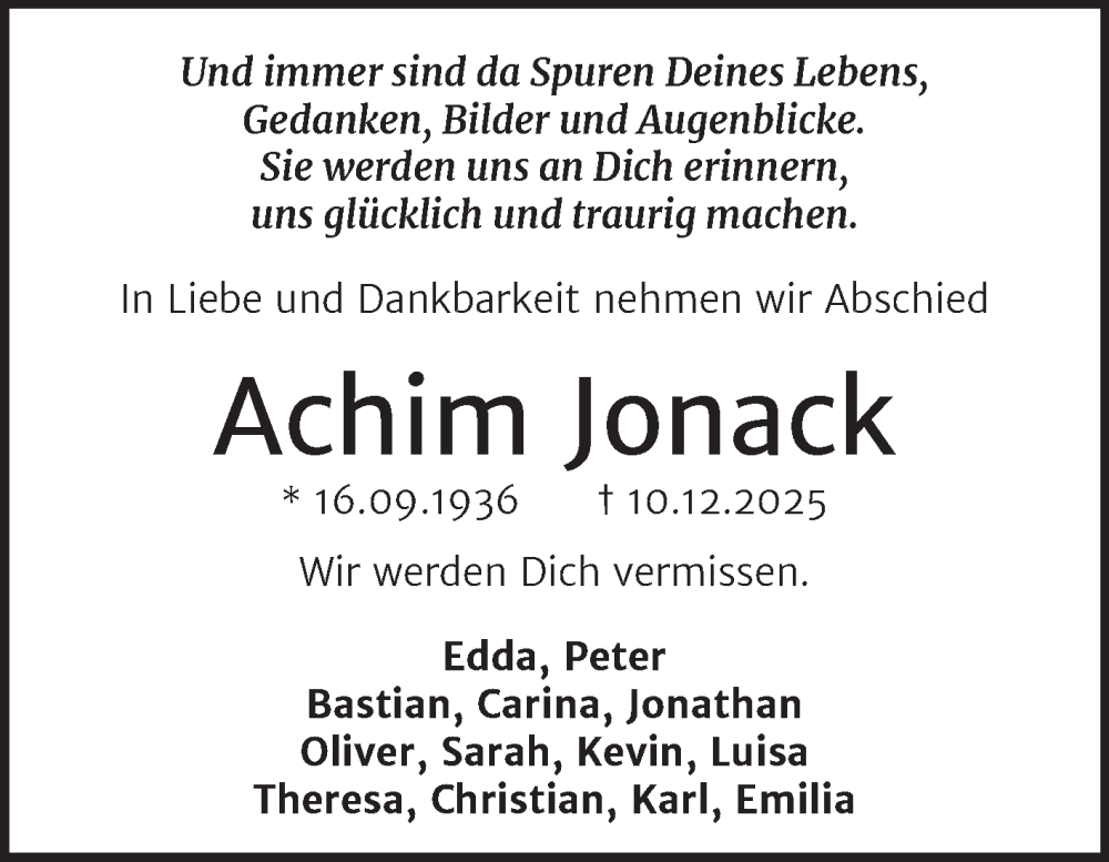  Traueranzeige für Achim Jonack vom 03.01.2026 aus Trauerkombi Wittenberg