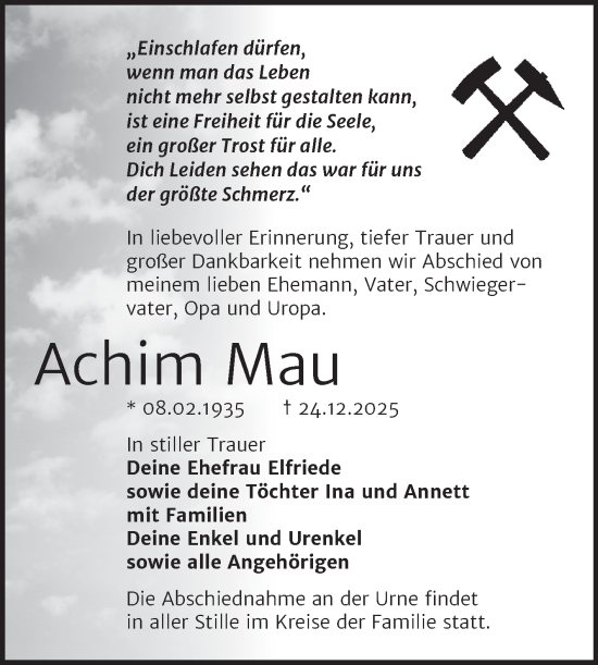 Traueranzeige von Achim Mau von Trauerkombi Mansfelder Land