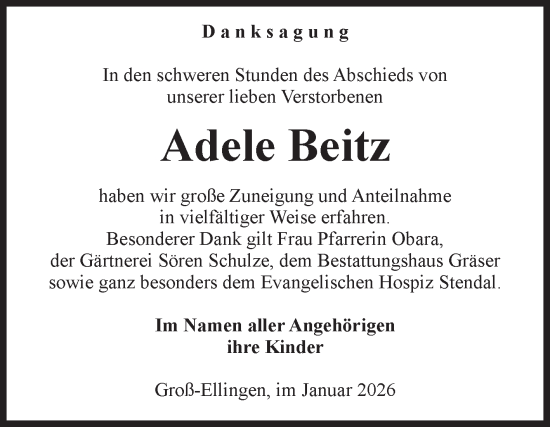 Traueranzeige von Adele Beitz von Volksstimme Altmark Ost