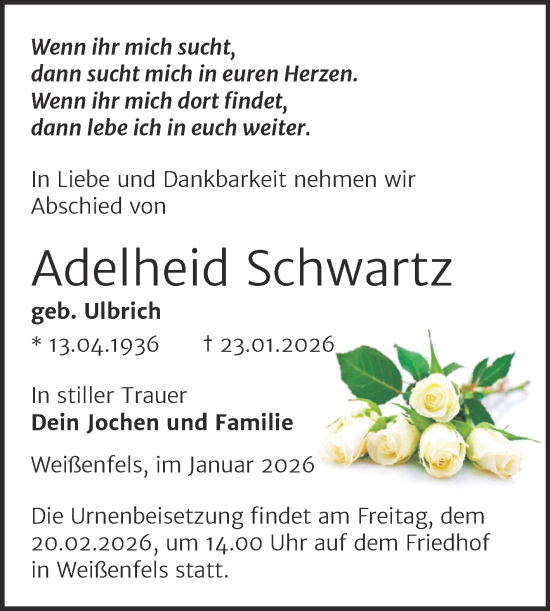 Traueranzeige von Adelheid Schwartz von Trauerkombi Weißenfels
