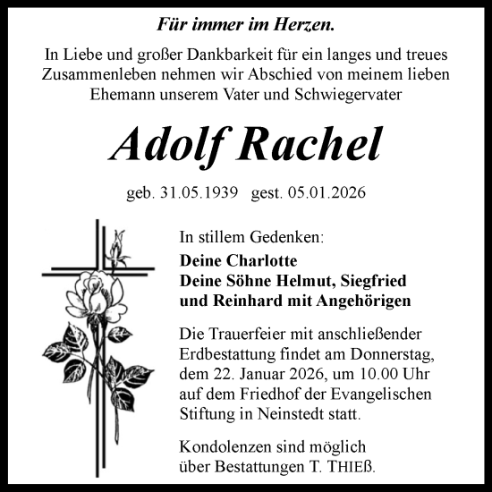 Traueranzeige von Adolf Rachel von Trauerkombi Quedlinburg