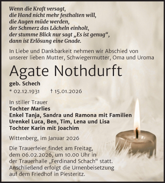 Traueranzeige von Agate Nothdurft von Trauerkombi Wittenberg