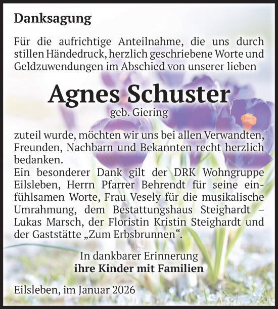 Traueranzeige von Agnes Schuster von Volksstimme Oschersleben/Wanzleben