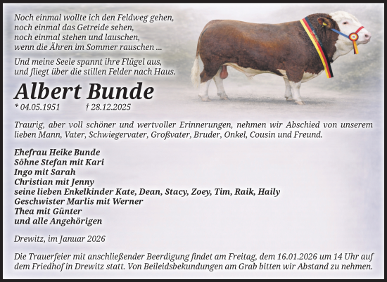 Traueranzeige von Albert Bunde von Volksstimme Burg/Genthin