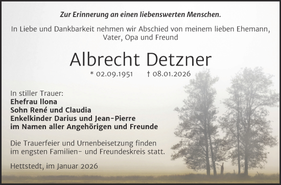 Traueranzeige von Albrecht Detzner von Trauerkombi Mansfelder Land