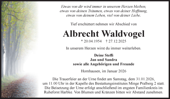 Traueranzeige von Albrecht Waldvogel von Volksstimme Oschersleben/Wanzleben