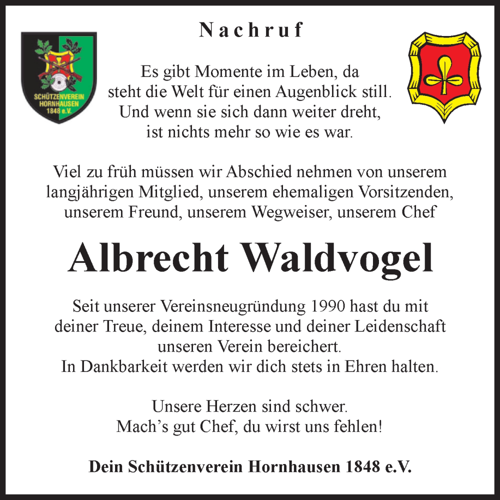 Traueranzeige für Albrecht Waldvogel vom 24.01.2026 aus Volksstimme Oschersleben/Wanzleben