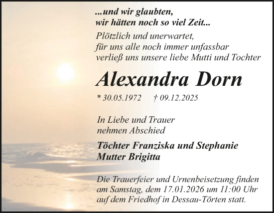 Traueranzeige von Alexandra Dorn von Trauerkombi Dessau