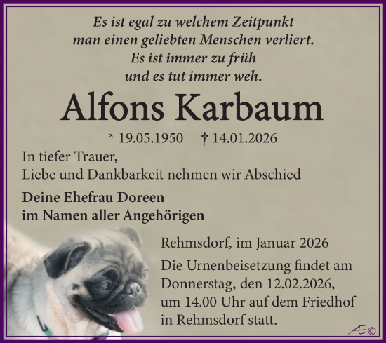Traueranzeige von Alfons Karbaum von Trauerkombi Zeitz