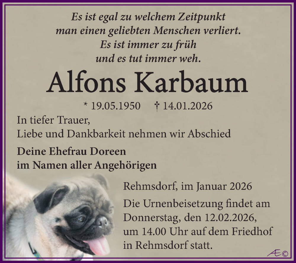  Traueranzeige für Alfons Karbaum vom 24.01.2026 aus Trauerkombi Zeitz