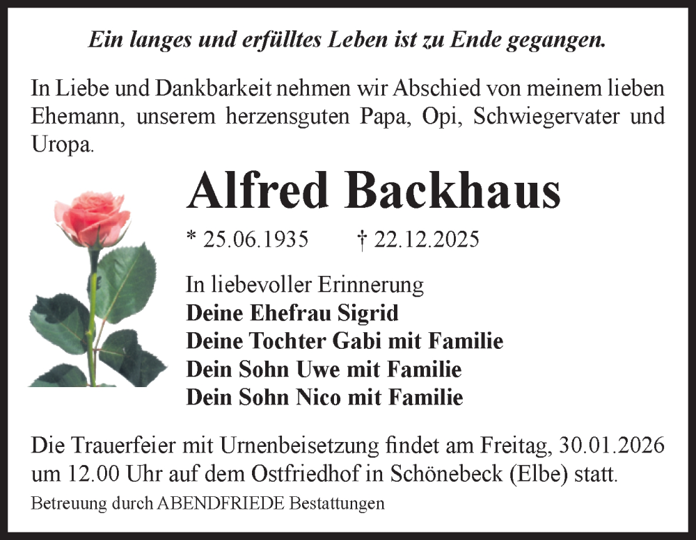  Traueranzeige für Alfred Backhaus vom 10.01.2026 aus Volksstimme Schönebeck