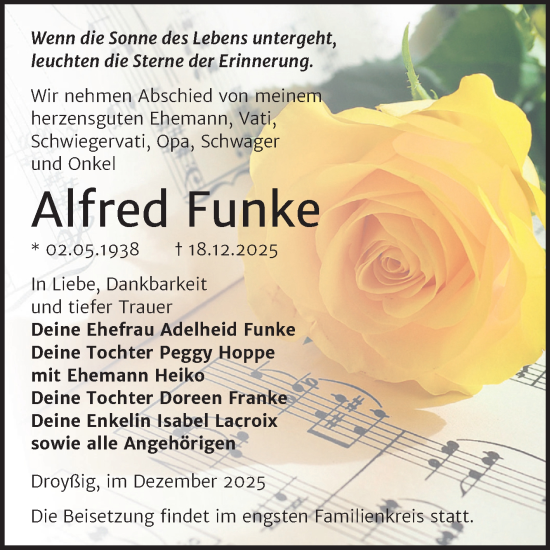 Traueranzeige von Alfred Funke von Trauerkombi Zeitz