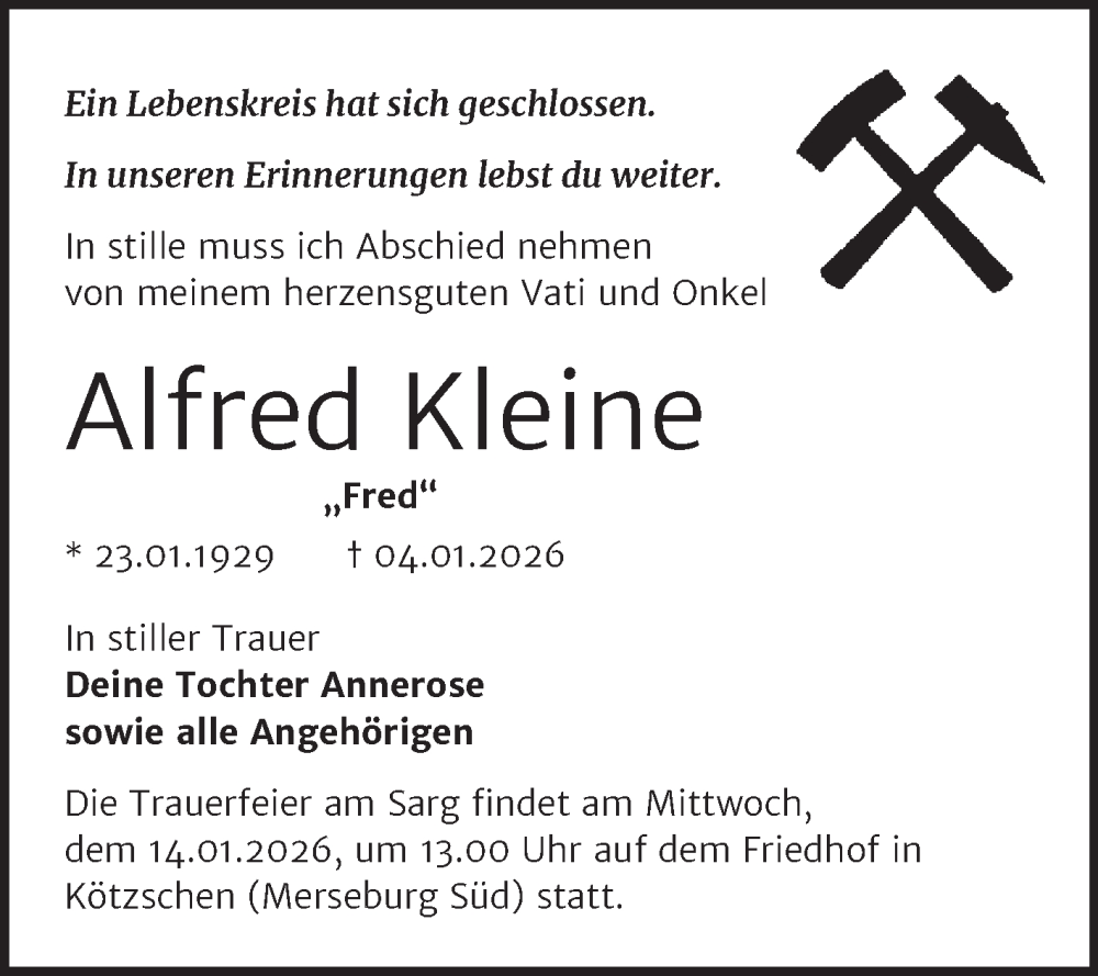  Traueranzeige für Alfred Kleine vom 10.01.2026 aus Trauerkombi Merseburg