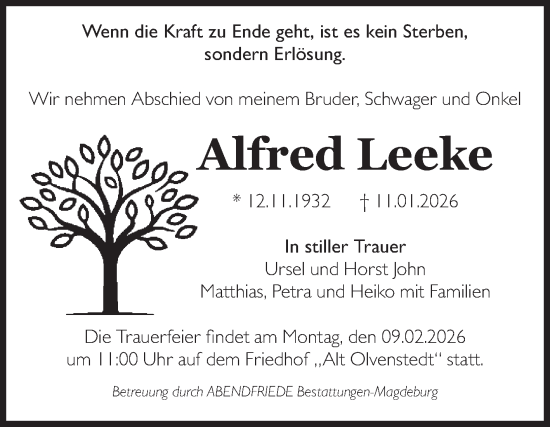 Traueranzeige von Alfred Leeke von Volksstimme Magdeburg