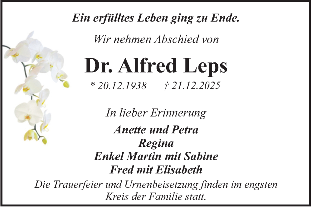  Traueranzeige für Alfred Leps vom 10.01.2026 aus Trauerkombi Dessau