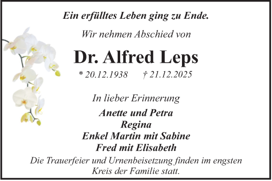 Traueranzeige von Alfred Leps von Trauerkombi Dessau