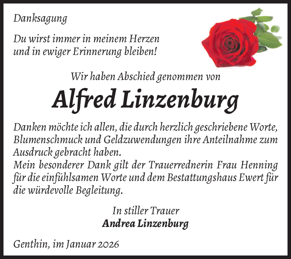  Traueranzeige für Alfred Linzenburg vom 31.01.2026 aus Volksstimme Burg/Genthin