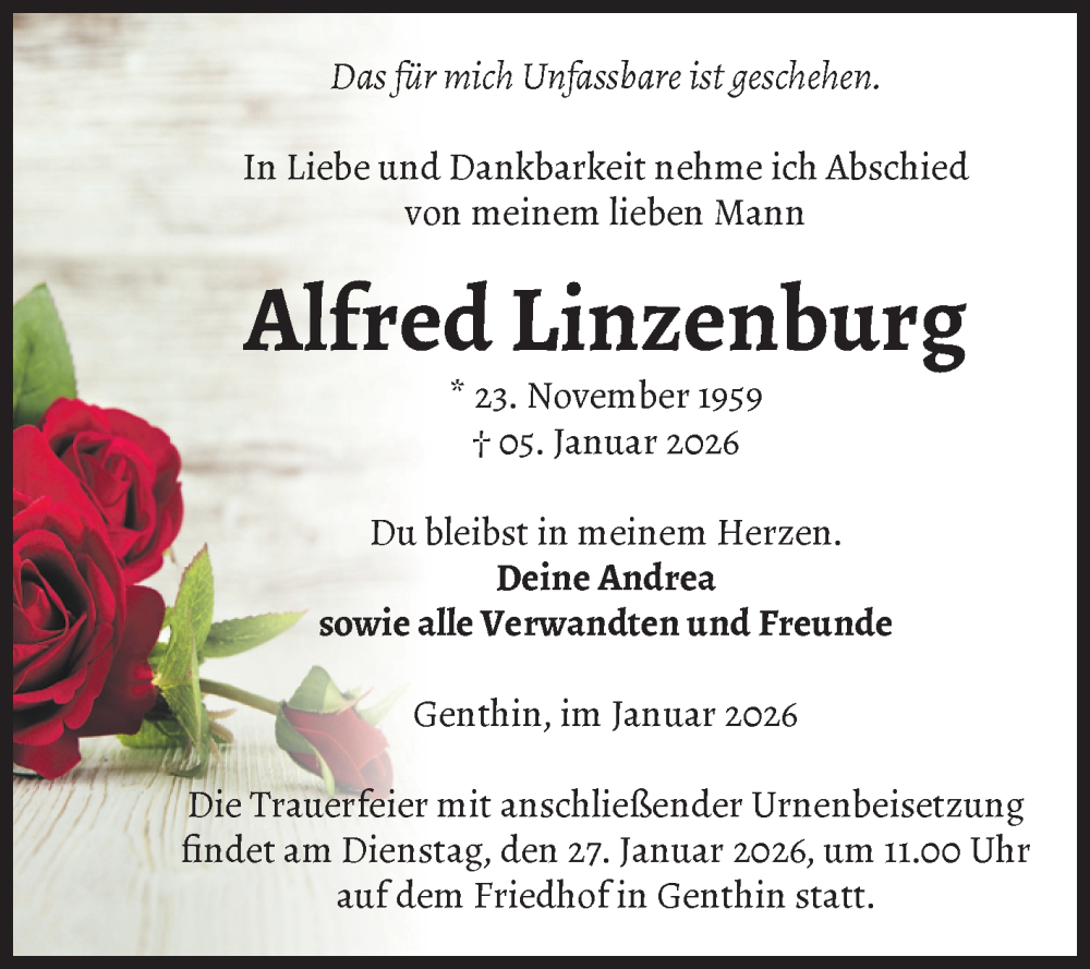  Traueranzeige für Alfred Linzenburg vom 17.01.2026 aus Volksstimme Burg/Genthin