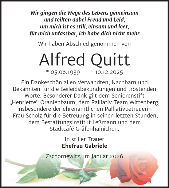 Traueranzeige von Alfred Quitt von Trauerkombi Wittenberg