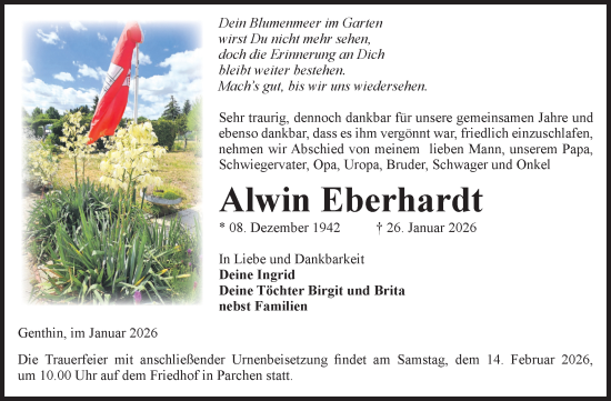 Traueranzeige von Alwin Eberhardt von Volksstimme Burg/Genthin
