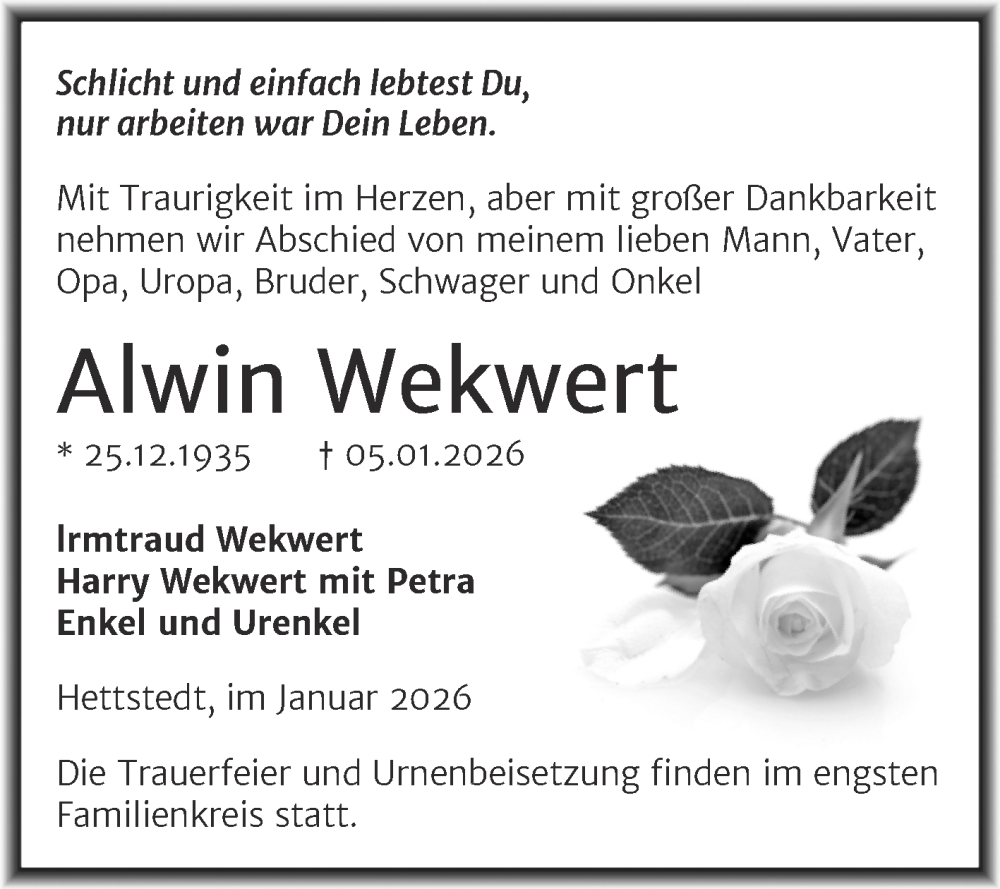  Traueranzeige für Alwin Wekwert vom 17.01.2026 aus Trauerkombi Mansfelder Land