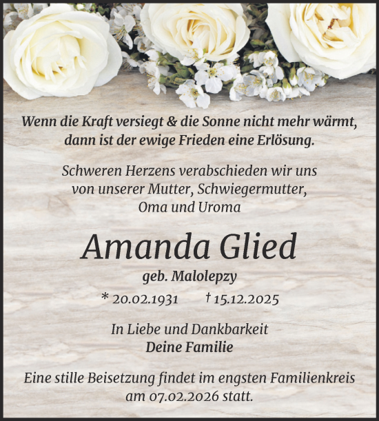 Traueranzeige von Amanda Glied von Trauerkombi Bitterfeld