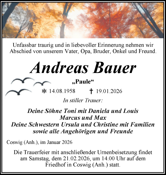 Traueranzeige von Andreas Bauer von Trauerkombi Wittenberg