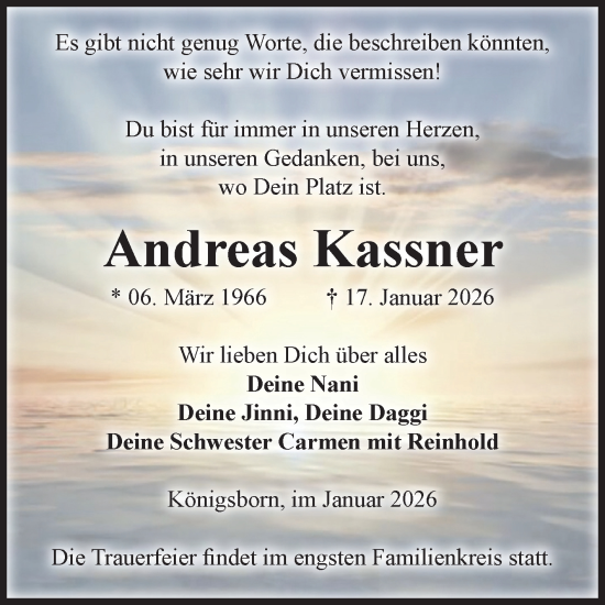 Traueranzeige von Andreas Kassner von Volksstimme Burg/Genthin