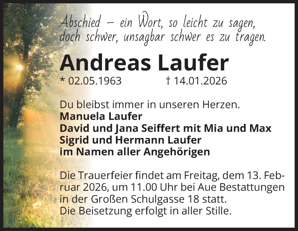  Traueranzeige für Andreas Laufer vom 24.01.2026 aus Volksstimme Magdeburg