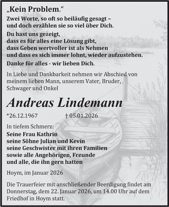 Traueranzeige von Andreas Lindemann von Trauerkombi Aschersleben