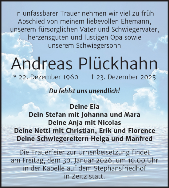 Traueranzeige von Andreas Plückhahn von Trauerkombi Zeitz