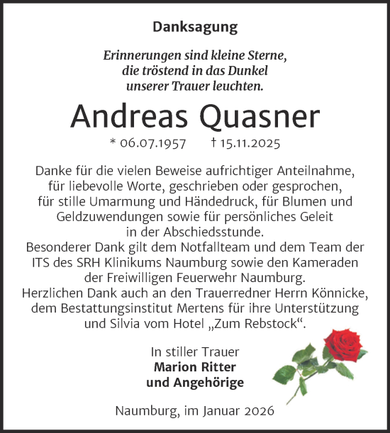 Traueranzeige von Andreas Quasner von Super Sonntag Naumburg/Nebra