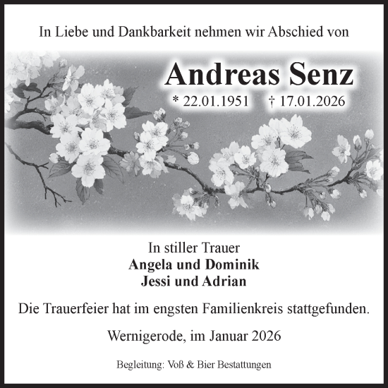 Traueranzeige von Andreas Senz von Volksstimme Wernigerode