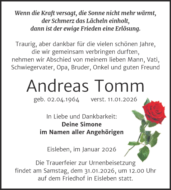 Traueranzeige von Andreas Tomm von Trauerkombi Mansfelder Land