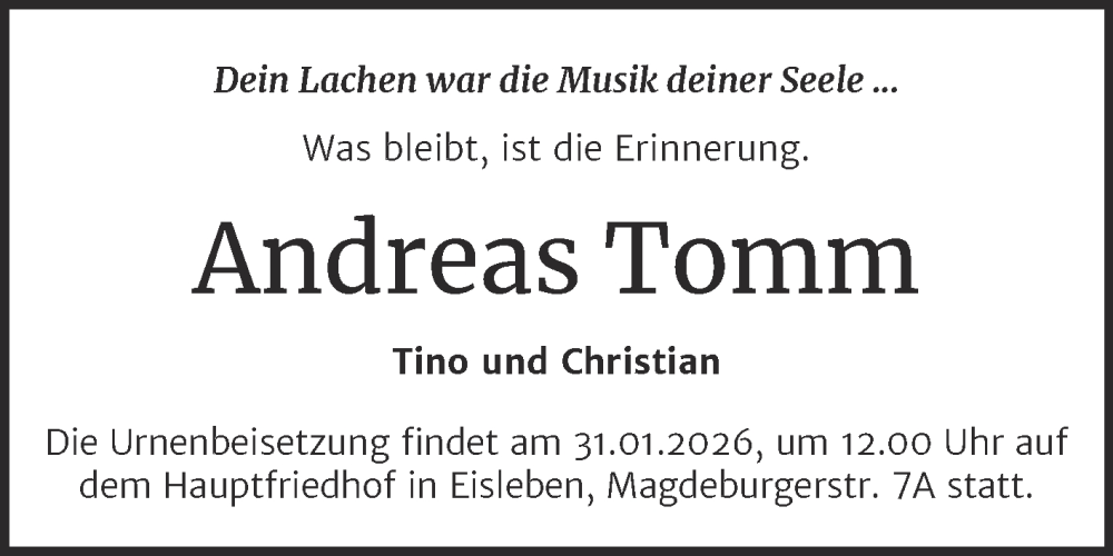  Traueranzeige für Andreas Tomm vom 24.01.2026 aus Trauerkombi Bernburg