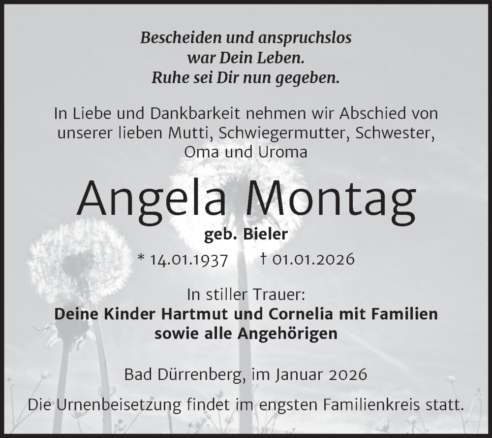  Traueranzeige für Angela Montag vom 10.01.2026 aus Trauerkombi Merseburg