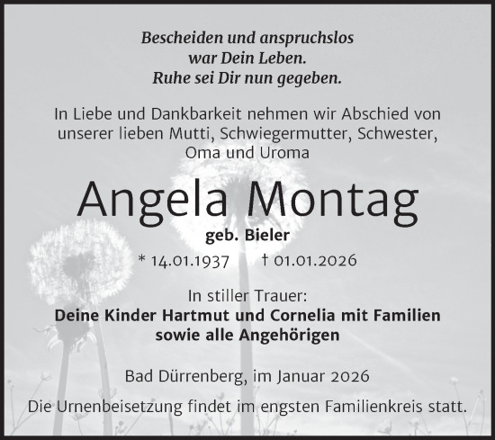 Traueranzeige von Angela Montag von Trauerkombi Merseburg