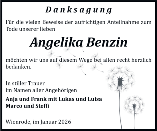 Traueranzeige von Angelika Benzin von Volksstimme Wernigerode