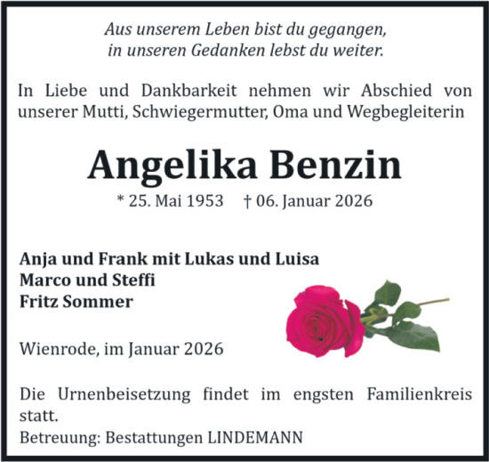 Traueranzeige von Angelika Benzin von Volksstimme Wernigerode