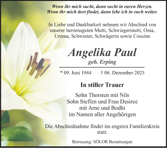 Traueranzeige von Angelika Paul von Volksstimme Schönebeck