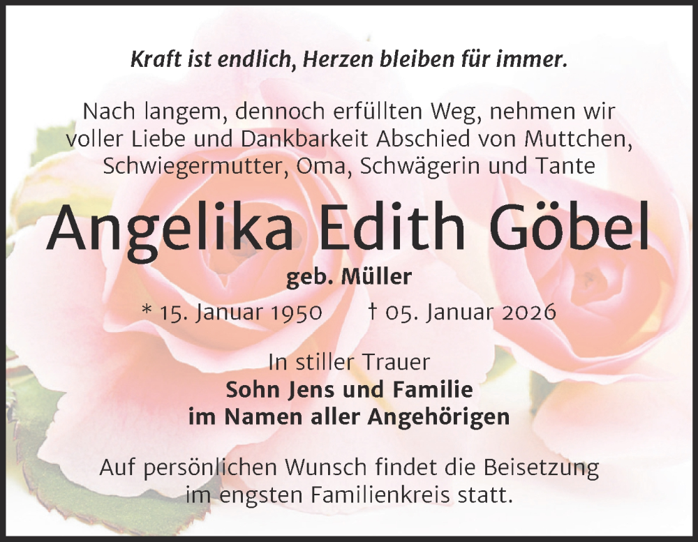  Traueranzeige für Angelika Edith Göbel vom 17.01.2026 aus Trauerkombi Wittenberg
