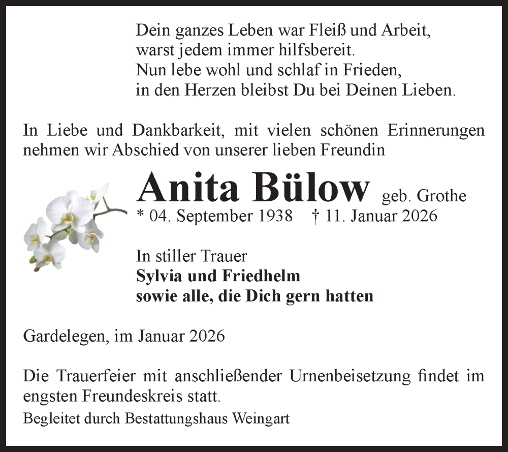  Traueranzeige für Anita Bülow vom 17.01.2026 aus Volksstimme Altmark West