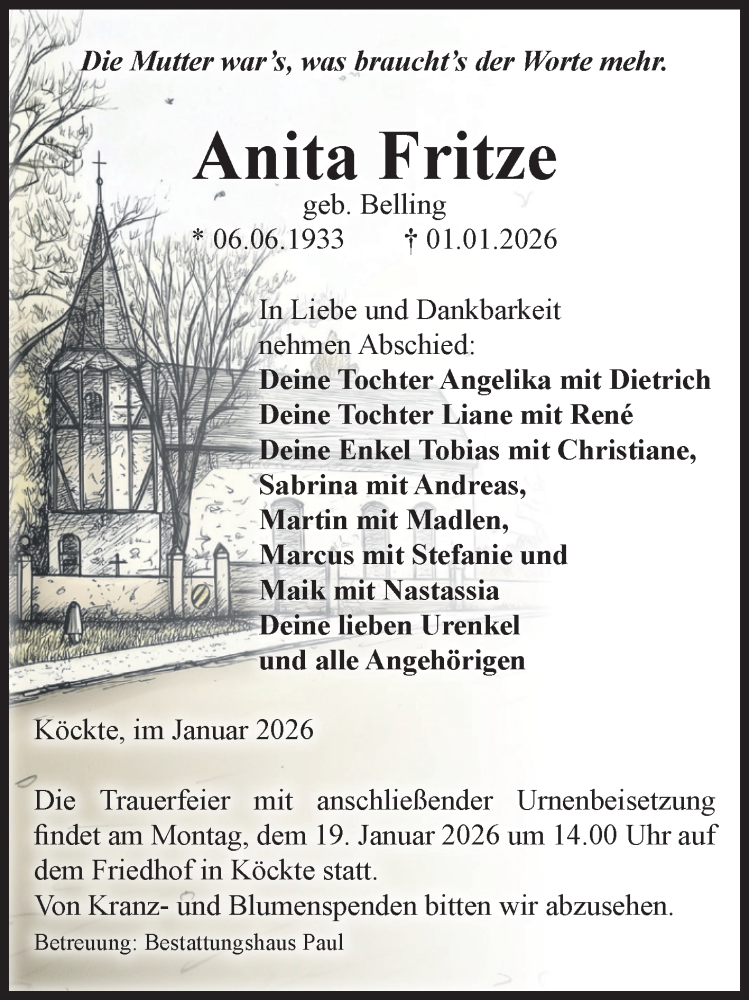  Traueranzeige für Anita Fritze vom 09.01.2026 aus Volksstimme Altmark West
