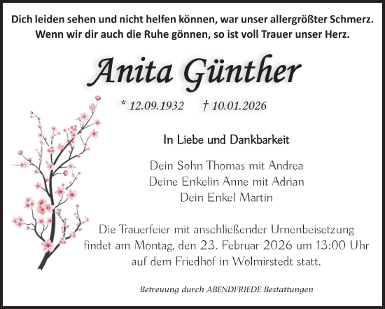 Traueranzeige von Anita Günther von Volksstimme Haldensleben/Wolmirstedt